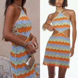 ZARA Colorful Cut Out Scalloped Stripe Crochet Mini Halter Dress, Sheer, M